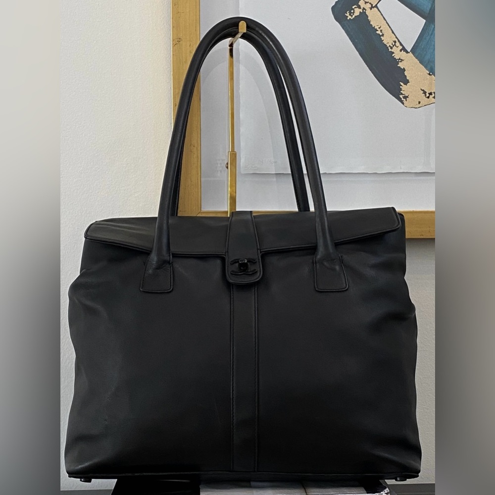 CHANEL Black on Black Cerf Leather Executive Tote